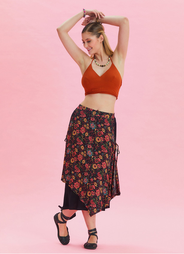 Floral Print Skirt with Elastic Waist and Tie Detail 4523